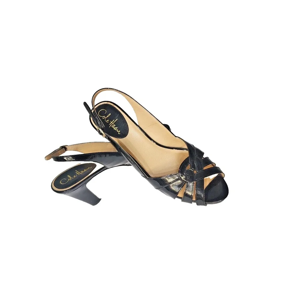 COLE HAAN Women's Black Patent Leather Heels Open Toe Slingback Sandals Size 10B